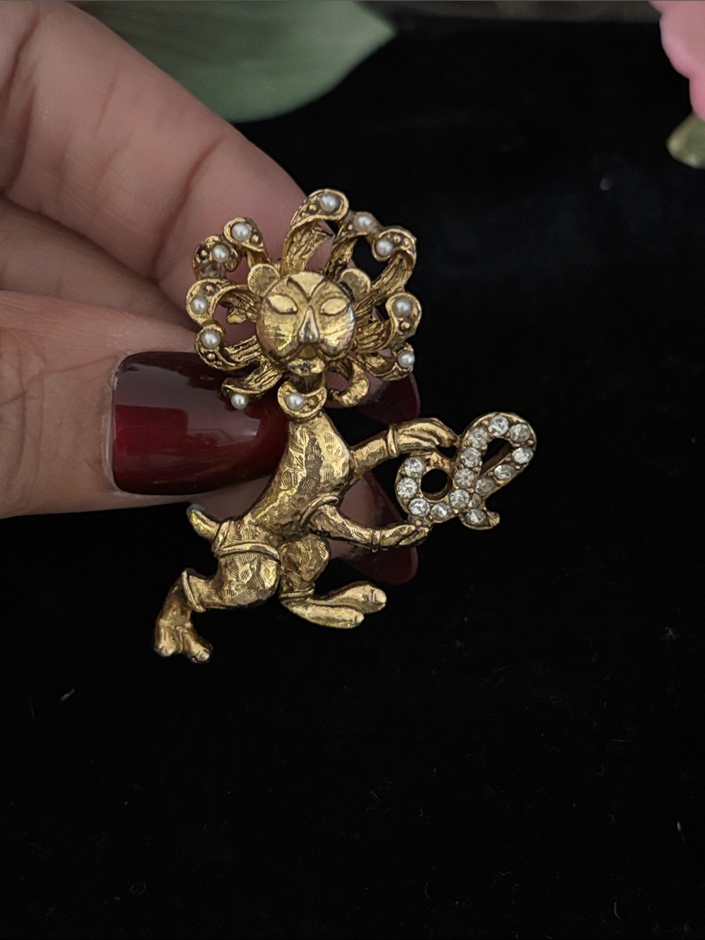 Gold Lion Brooch with Clear Crystal Accents